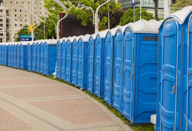 portable restrooms lined up at a marathon, ensuring runners can take a much-needed bathroom break in Lake Elsinore CA